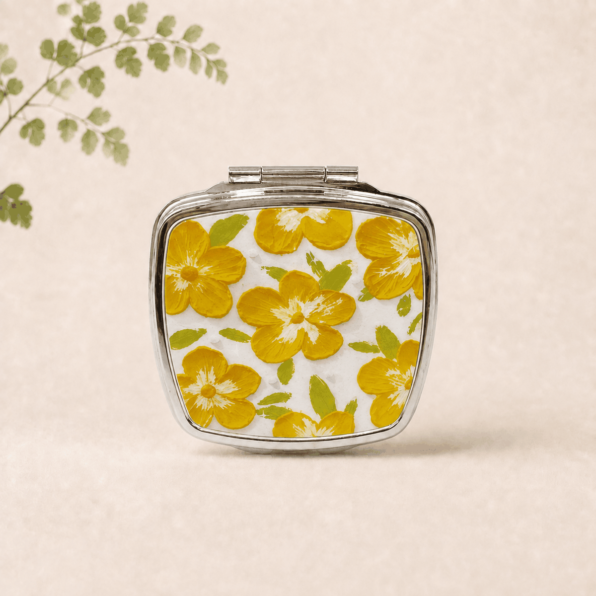 Blossom Petal Compact Mirror with floral petal design and silver frame for makeup touch-ups