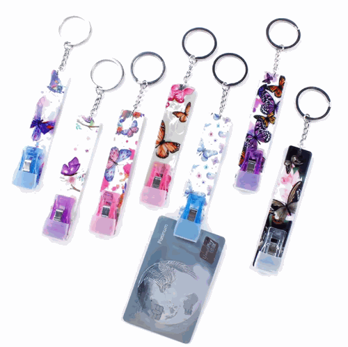 Acrylic Credit Card Grabber with ergonomic grip and spring-loaded clip in neon pink and clear colors