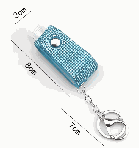 Bling Hand Sanitizer Keychain Holder with rhinestone finish and snap-button closure on keychain ring