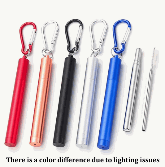 Reusable straw set with stainless steel and silicone straws, cleaning brush, and travel pouch options