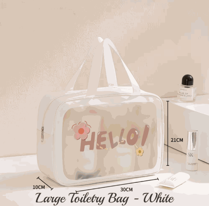 Set of small and large zippered toiletries bags in pink, white, and orange colors for travel and makeup storage