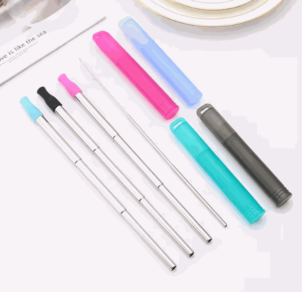 Reusable telescopic travel straw set with cleaner in colorful compact case for eco-friendly sipping on the go
