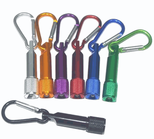 Assorted LED torch keychains in standard and bling styles with bright LED lights and colorful designs