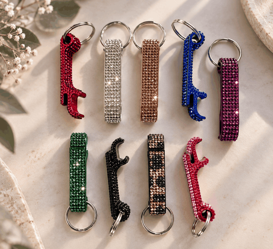 bling bottle opener keychain with rhinestones in multiple colors