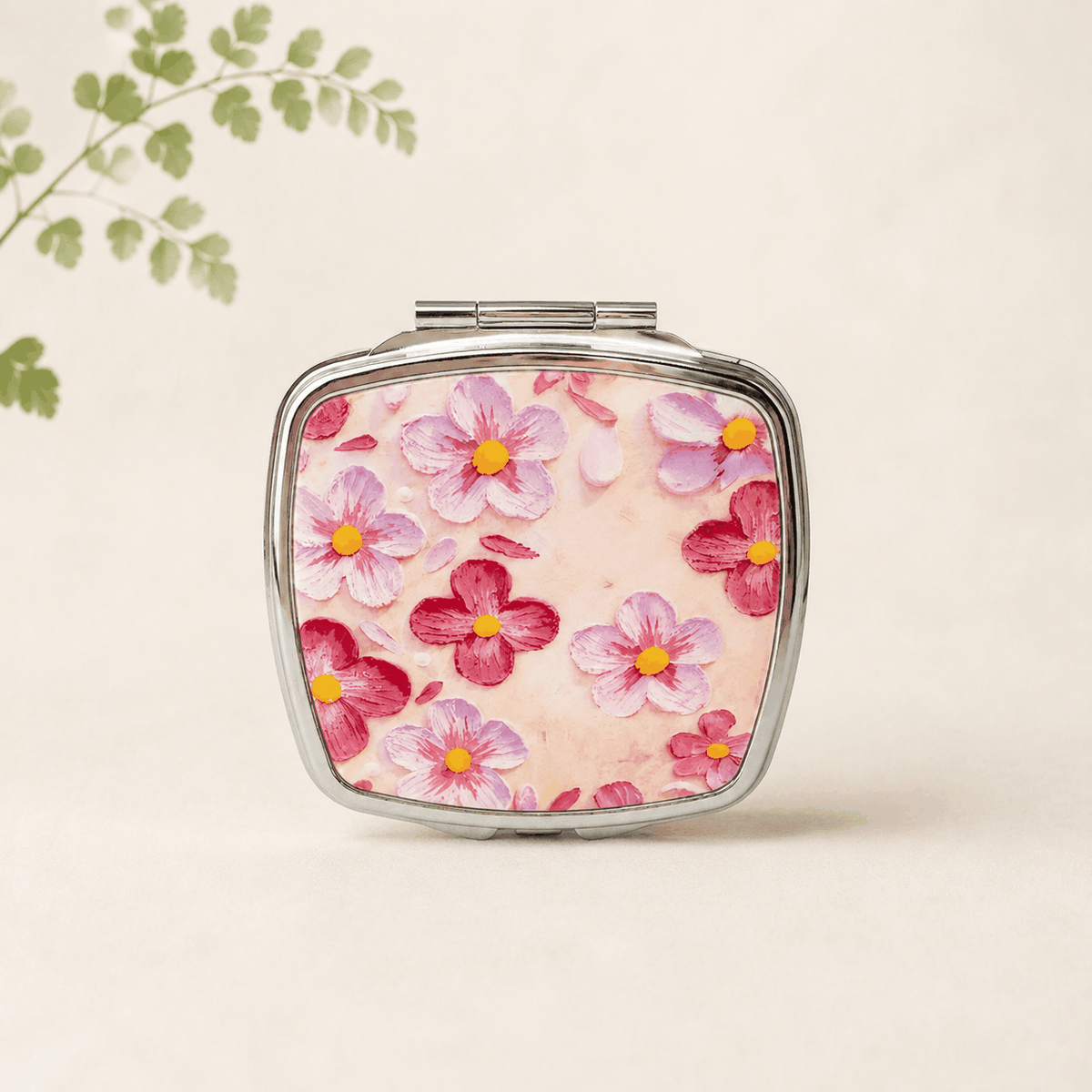 Blossom Petal Compact Mirror with floral petal design and silver frame for portable makeup touch-ups