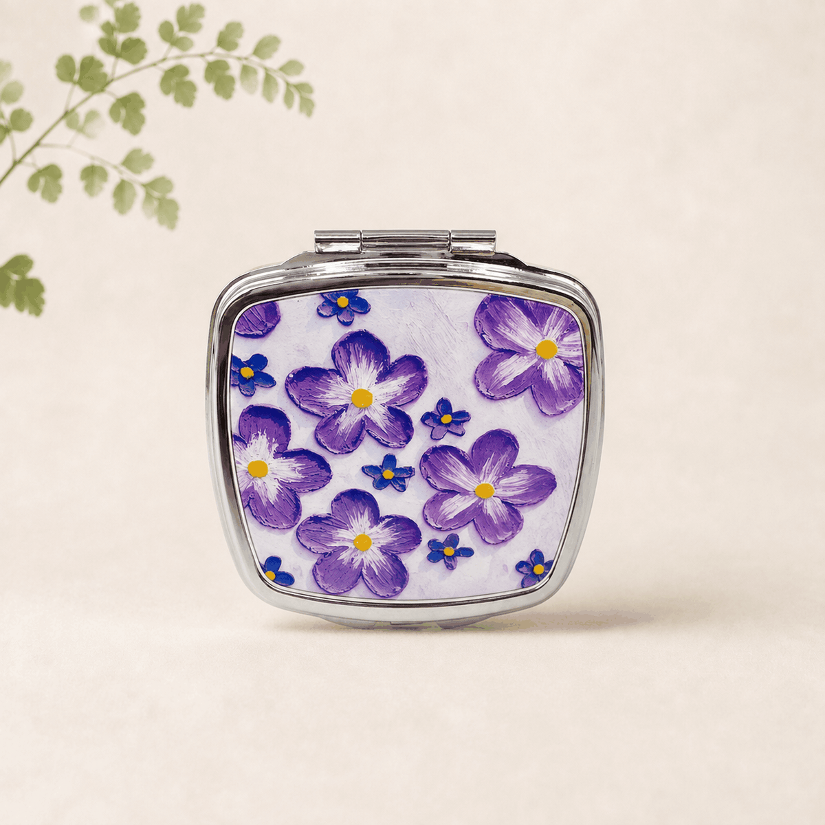 Blossom Petal Compact Mirror with floral petal design and silver frame for makeup touch-ups