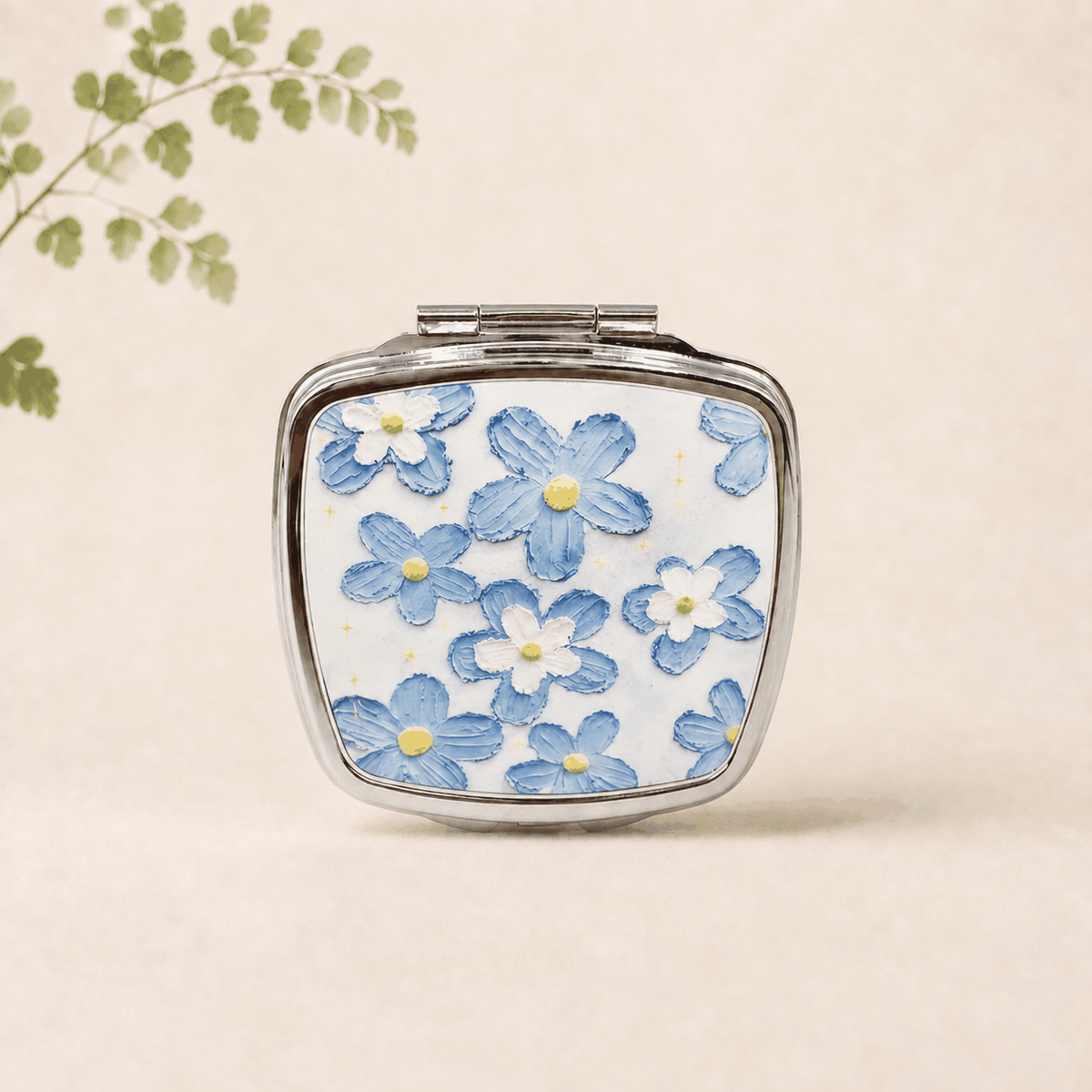 Blossom Petal Compact Mirror floral design with silver frame and clear mirror surface