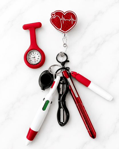 SHIFT READY – NURSES EDITION accessory pack with badge reel, mini pen, scissors, pen torch, and fob watch for nurses