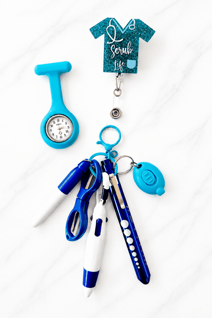 SHIFT READY – NURSES EDITION badge reel with mini pen, scissors, pen torch, and silicone fob watch for nurses' shifts