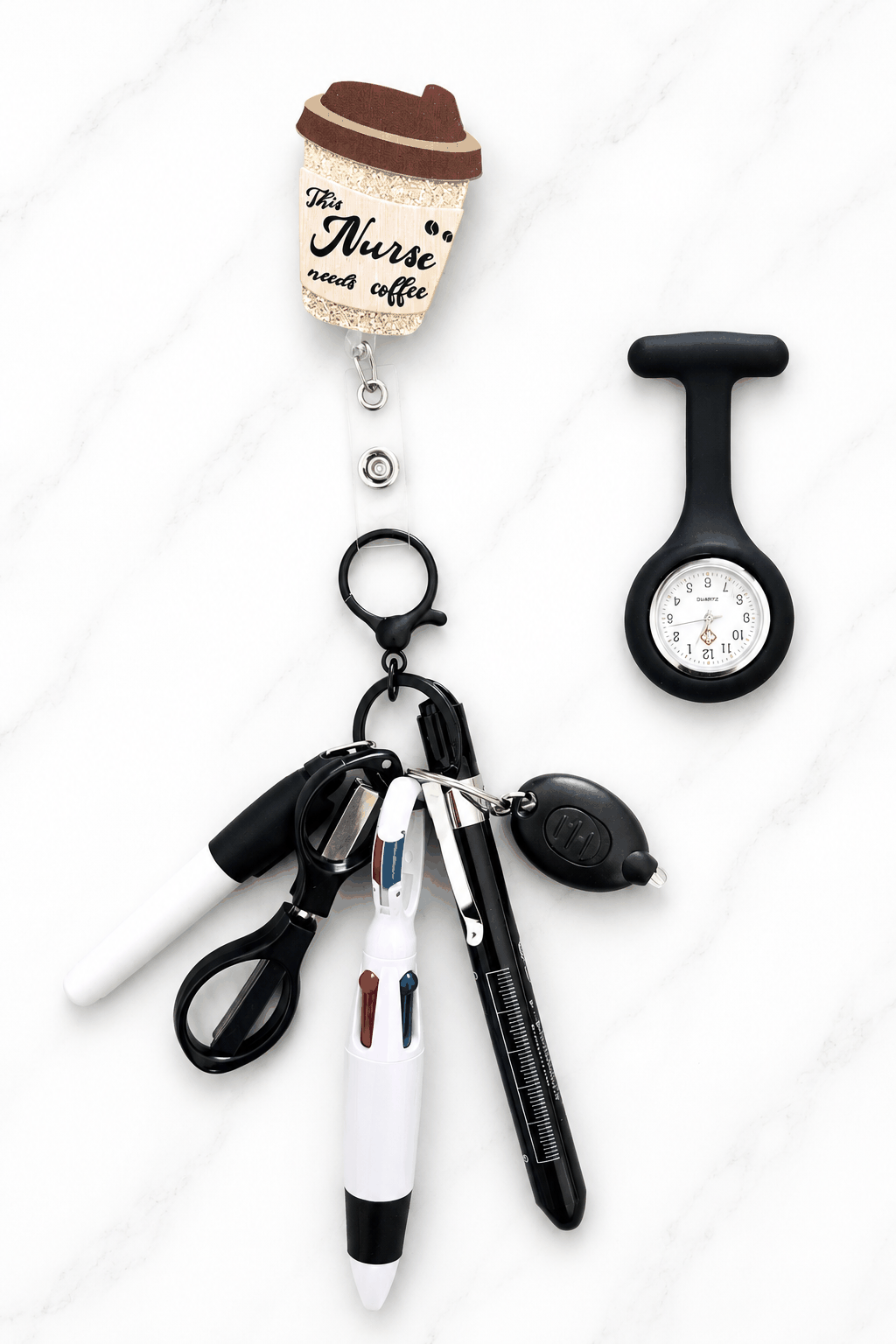 SHIFT READY – NURSES EDITION work-ready nurse accessory pack with badge reel, mini scissors, ballpoint pen, pen torch, and fob watch