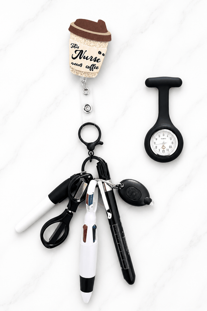 SHIFT READY – NURSES EDITION work-ready nurse accessory pack with badge reel, mini scissors, ballpoint pen, pen torch, and fob watch