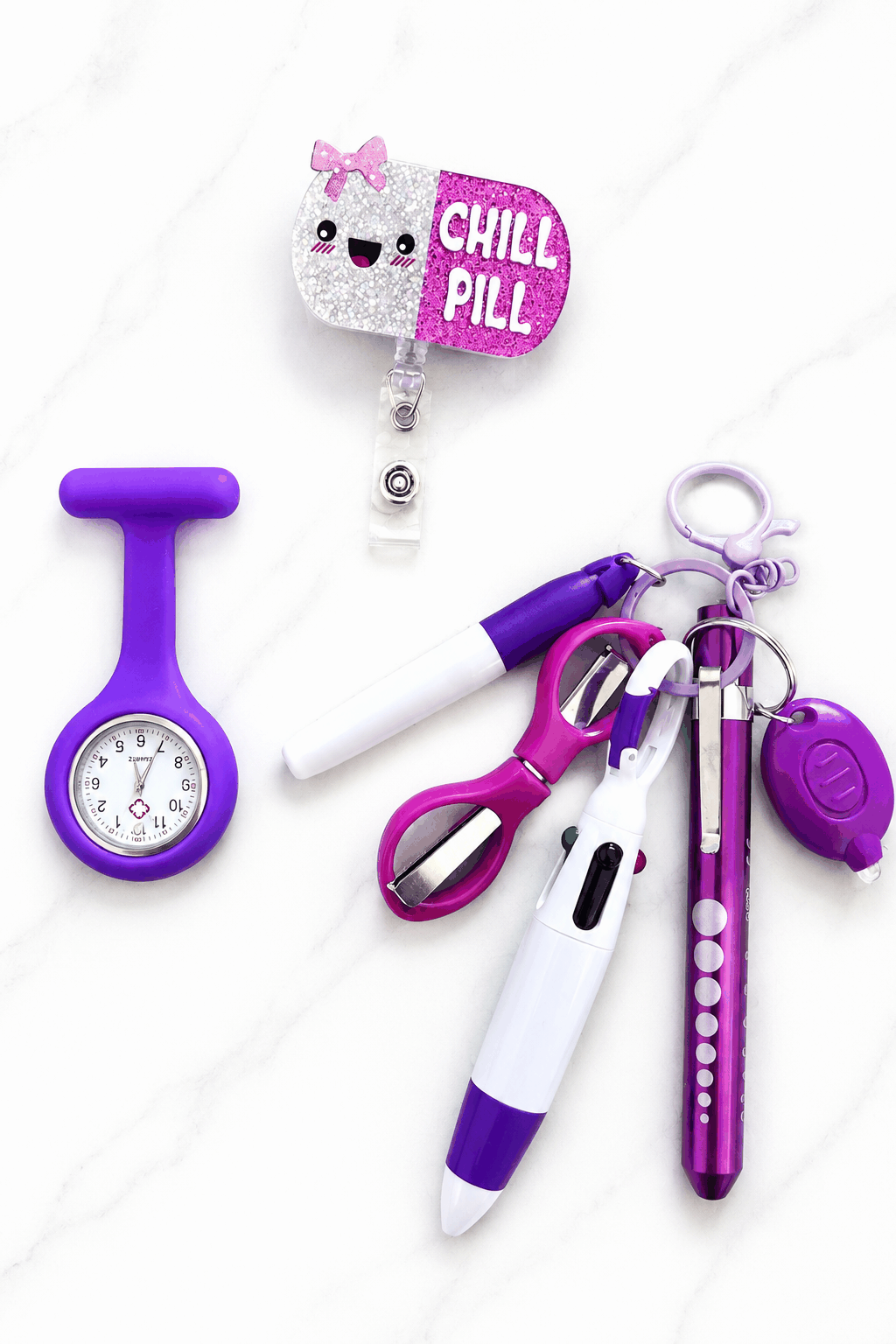 SHIFT READY – NURSES EDITION accessory pack with retractable badge reel, mini pen, scissors, pen torch, and fob watch for nurses
