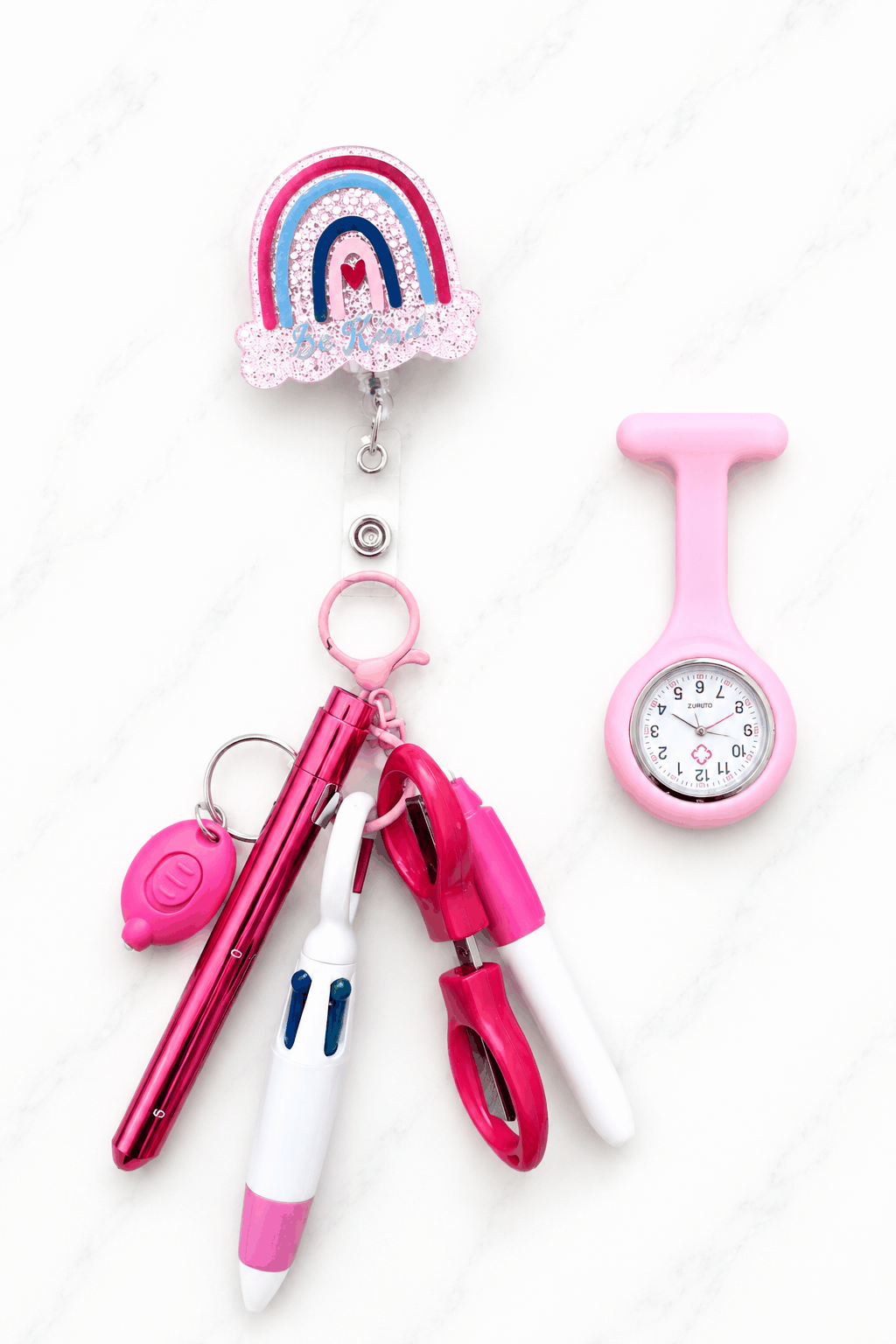 SHIFT READY – NURSES EDITION work-ready accessory pack with retractable badge reel, mini pen, scissors, purple pen torch, and fob watch for nurses