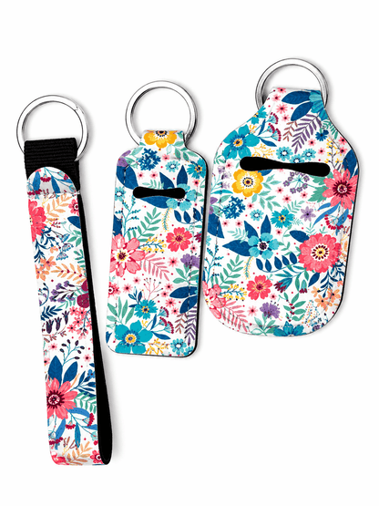Gloss case, sanitizer holder, and wristlet keychain set with stylish prints and free sanitizer bottle