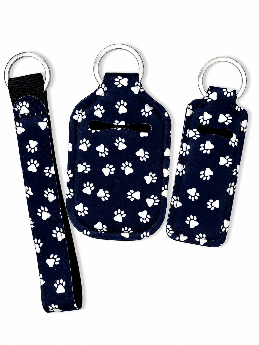 Gloss case, sanitizer holder, and wristlet set with matching keychain in stylish prints