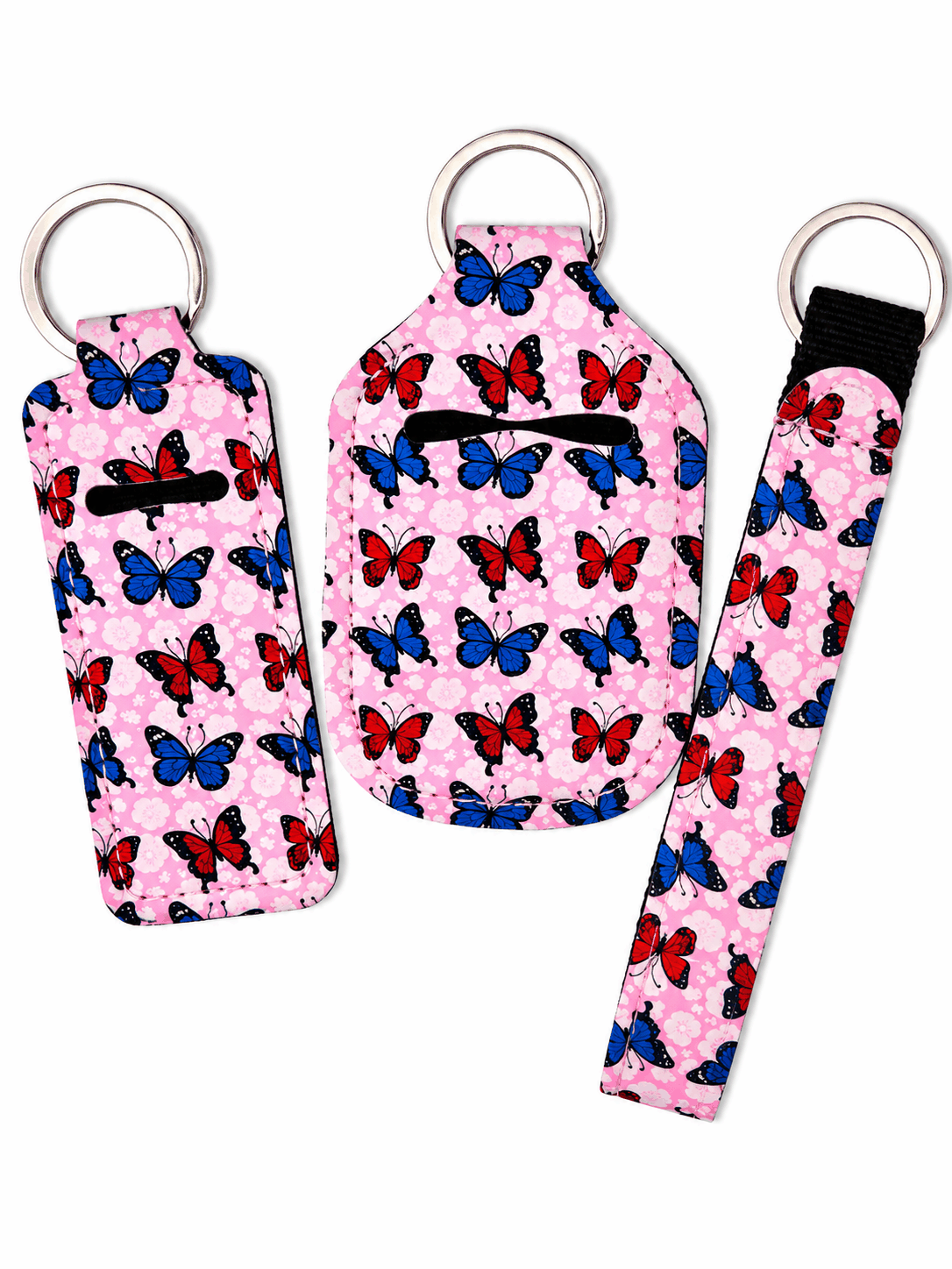 Gloss Case matching set with sanitizer holder and wristlet in stylish prints clipped to handbag