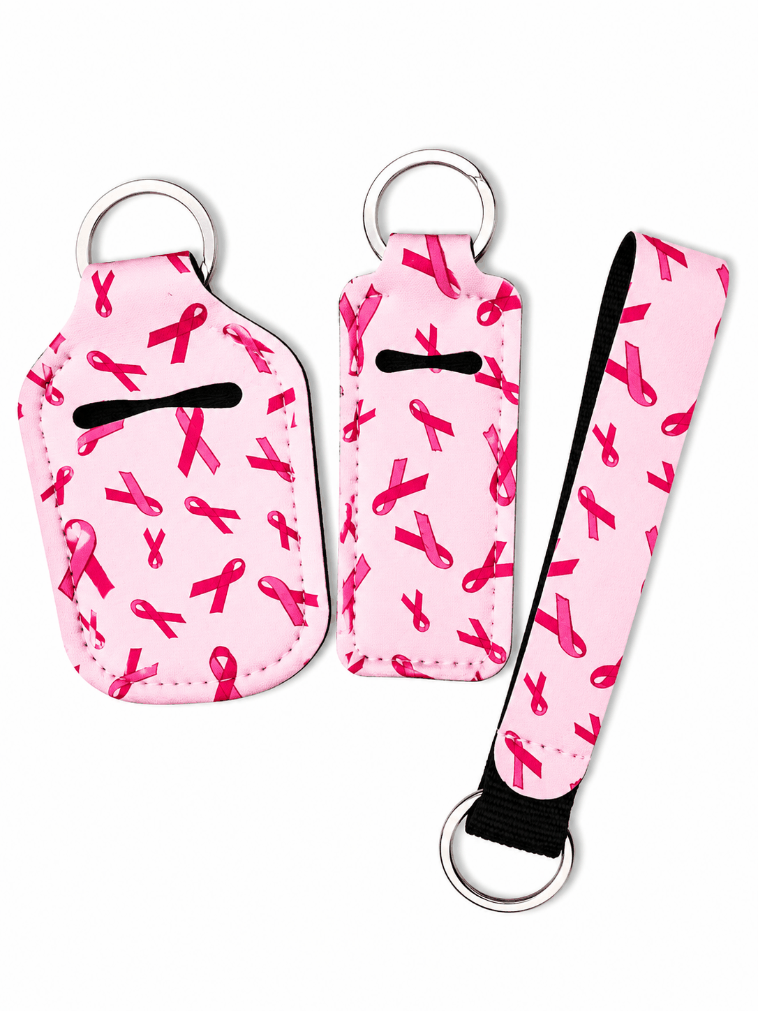 Gloss case, sanitizer holder, and wristlet keychain set with stylish prints and free bottle
