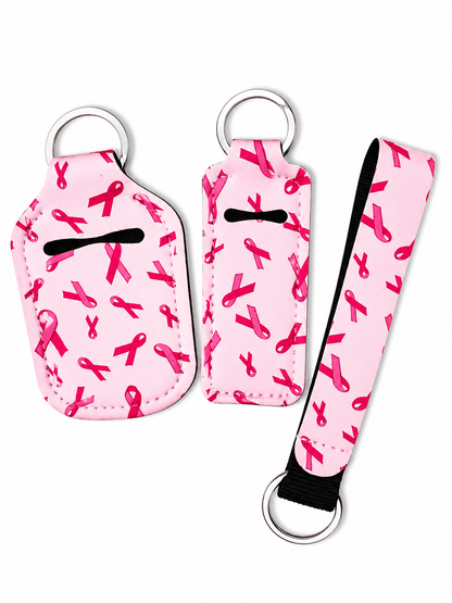 Gloss case, sanitizer holder, and wristlet keychain set with stylish prints and free bottle