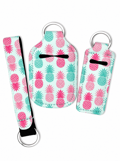 Gloss case, sanitizer holder, and wristlet keychain set with fun stylish prints for everyday convenience