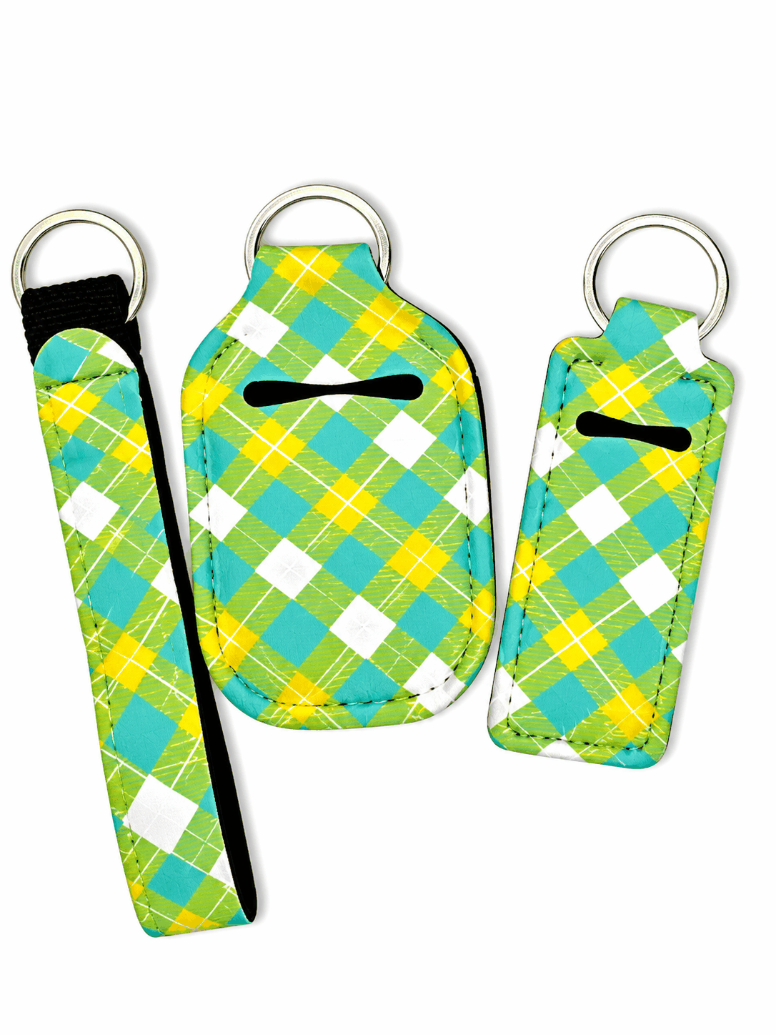 Gloss case, sanitizer holder, and wristlet keychain set with free bottle in stylish prints