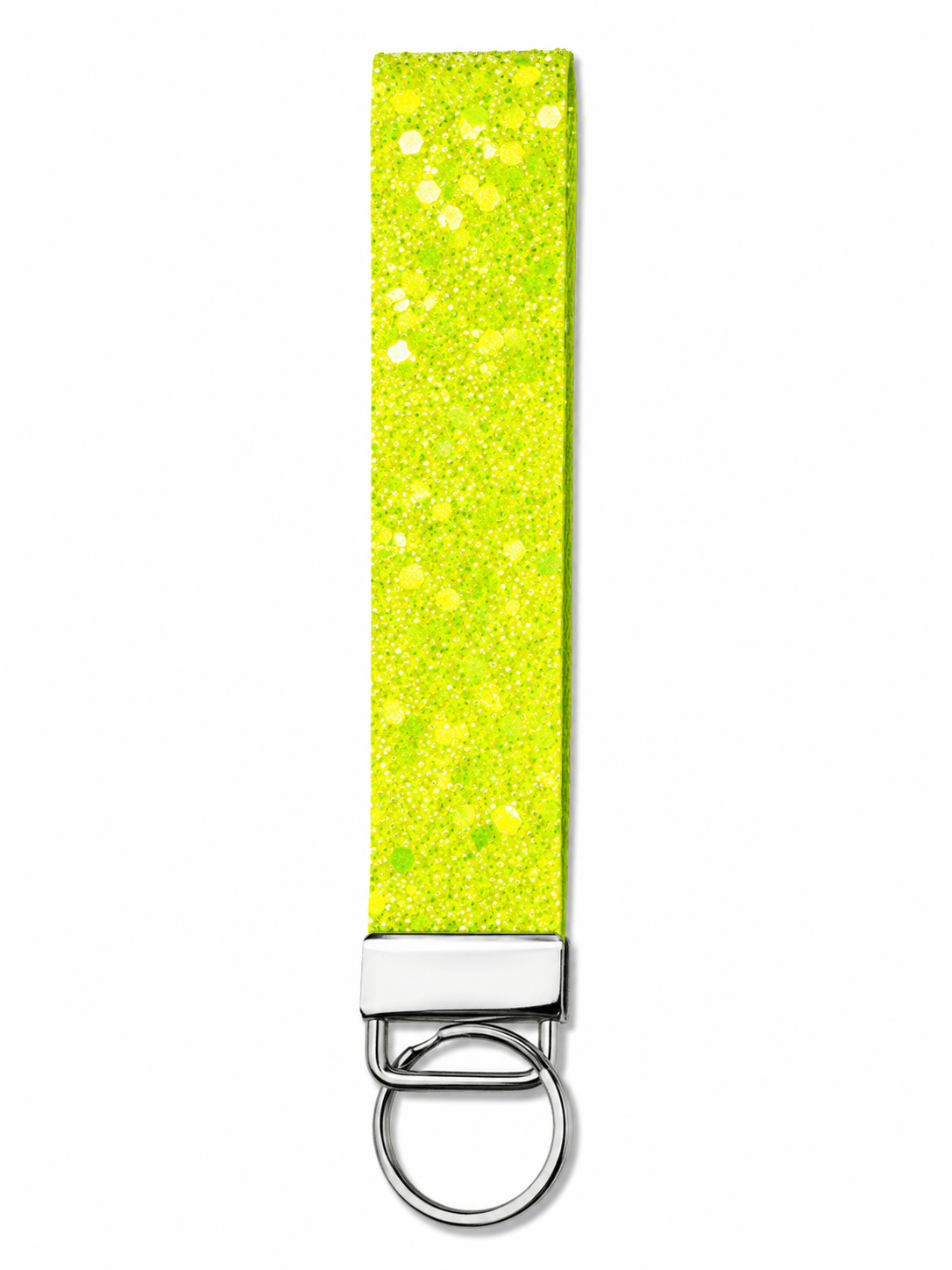 White printed wrist strap keychain with colorful playful patterns and metal clasp