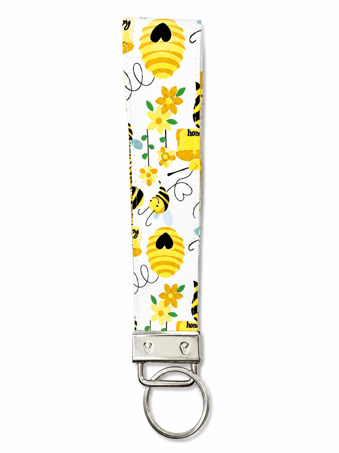 White printed wrist strap keychain with colorful playful patterns and metal clasp