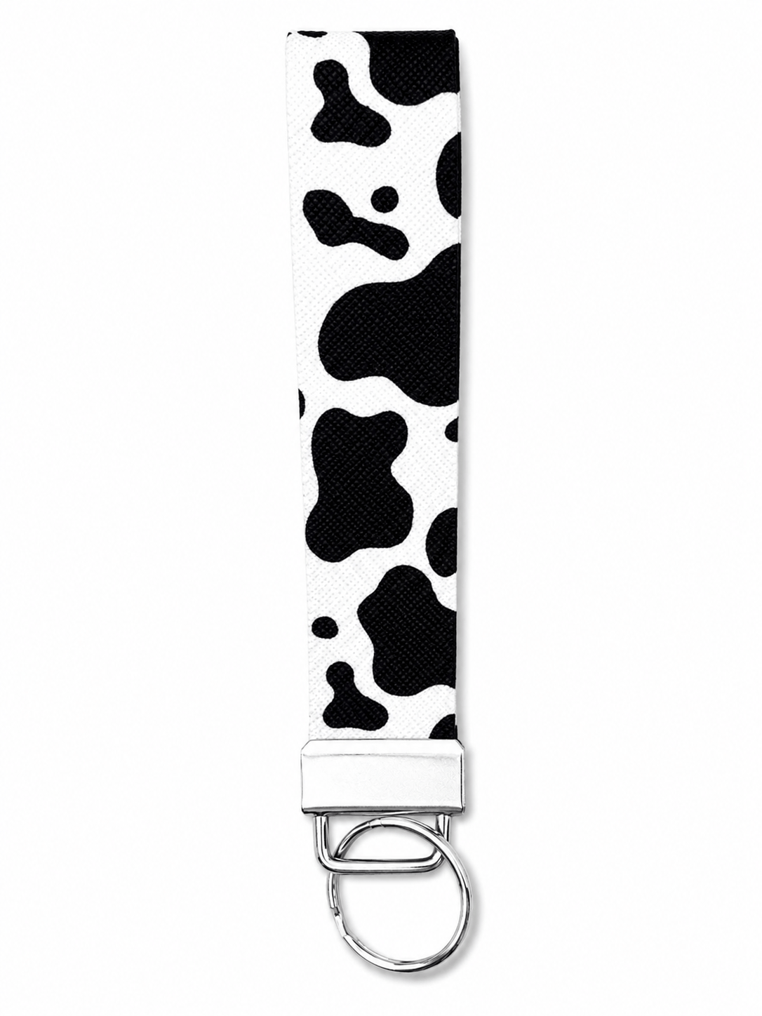 Printed wrist strap keychain with colorful playful pattern and metal clasp on white fabric background