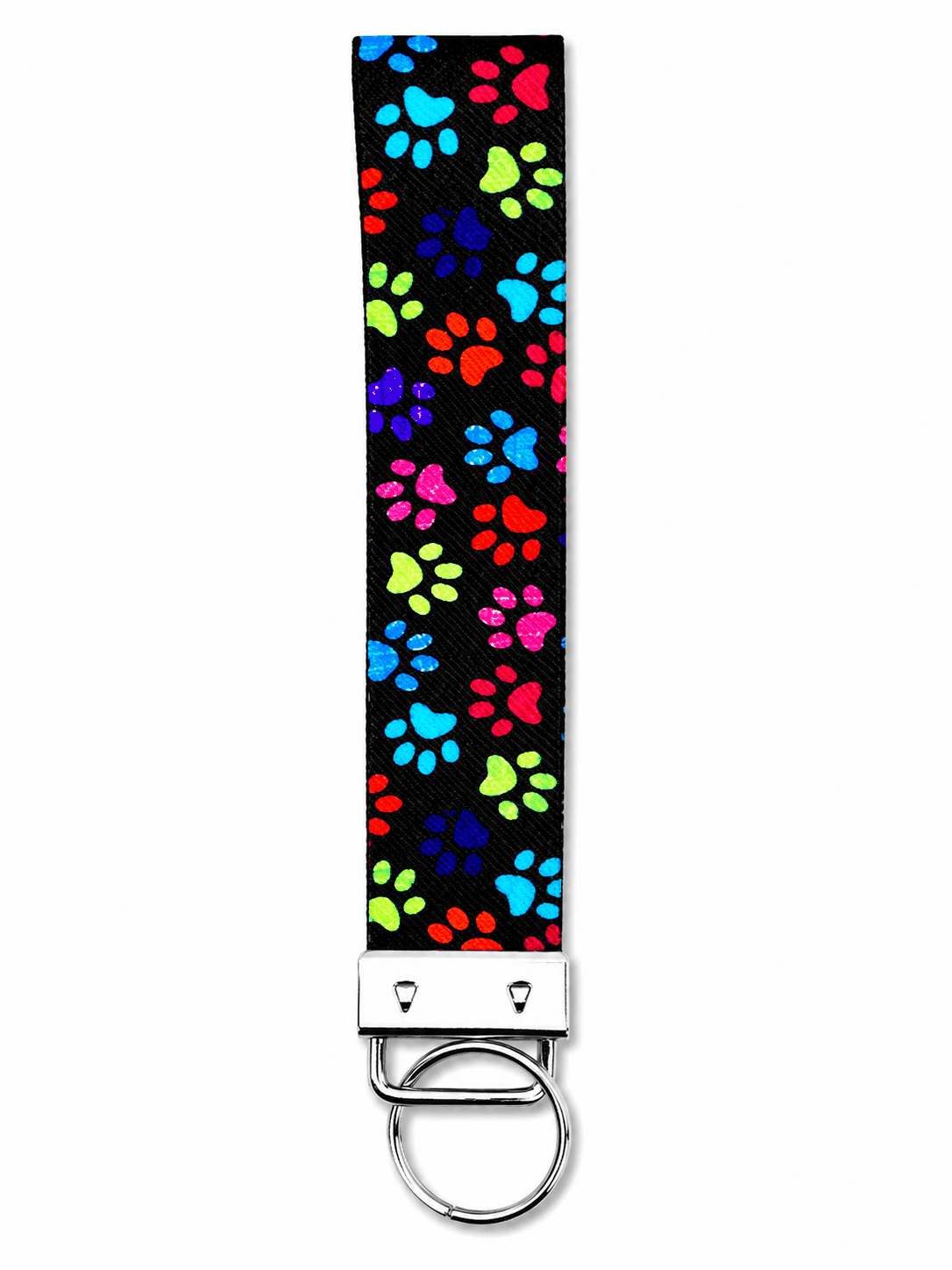 Printed wrist strap keychain with colorful playful patterns and metal clasp on white fabric background