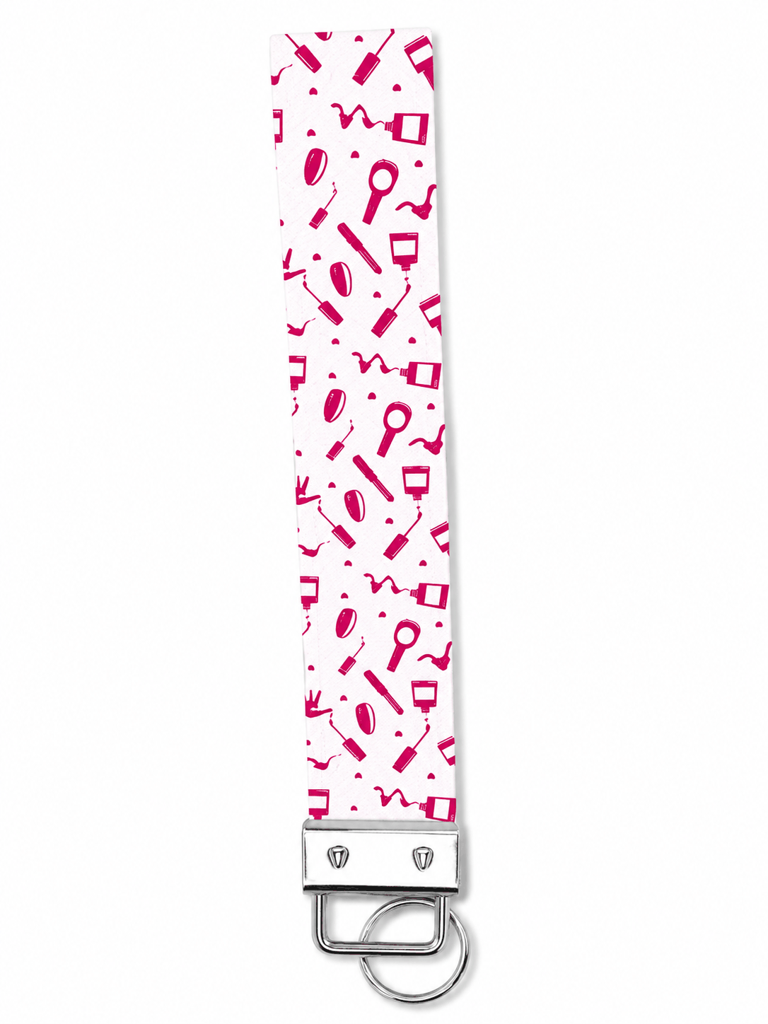 Printed wrist strap keychain with colorful playful patterns and metal clasp on white fabric background