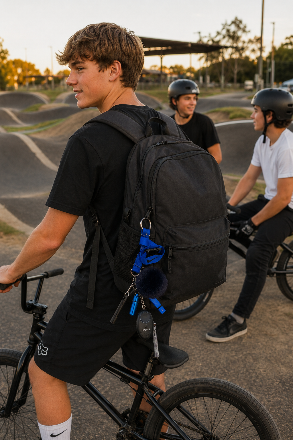 Confidence Club Safety Kit attached to black backpack featuring blue pom-pom wristlet keychain and personal safety tools