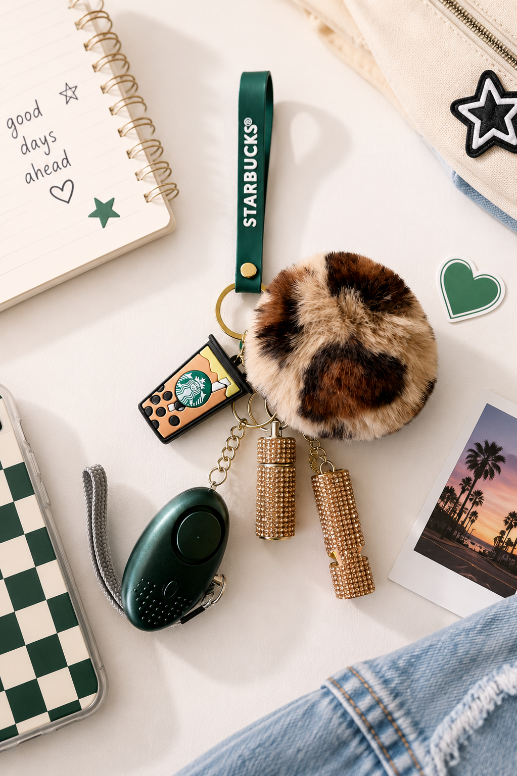 Confidence Club Safety Kit featuring leopard print pom-pom keychain, gold rhinestone whistles, green personal alarm with wrist strap, and Starbucks branded keyring