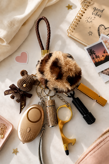 Confidence Club Safety Kit featuring a leopard print pom-pom and wristlet keychain, brown teddy charm, gold-tone contactless tool, personal safety alarm, and black LED light