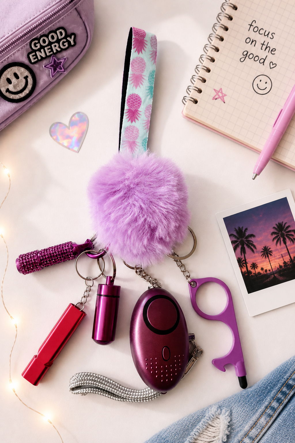 Confidence Club Safety Kit in purple theme featuring a personal alarm, LED light, contactless tool, pom-pom wristlet keychain, and safety whistle