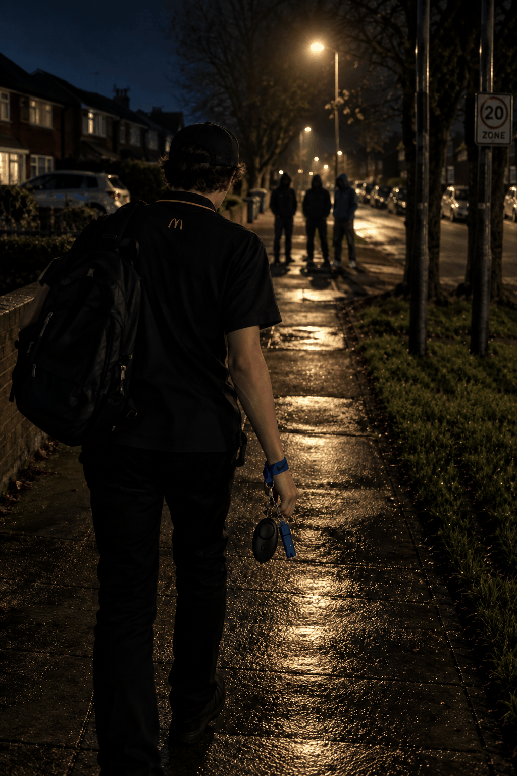 Confidence Club Safety Kit shown in hand of teen walking at night, featuring blue keychain and personal safety alarm