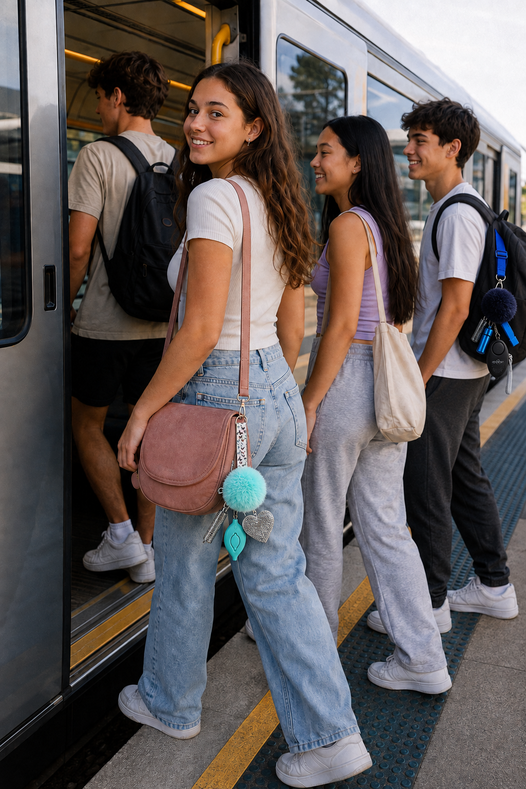 Young teens boarding a train, each carrying casual backpacks or bags with colorful pom-pom keychains, showcasing stylish safety accessories as part of the Confidence Club Safety Kit