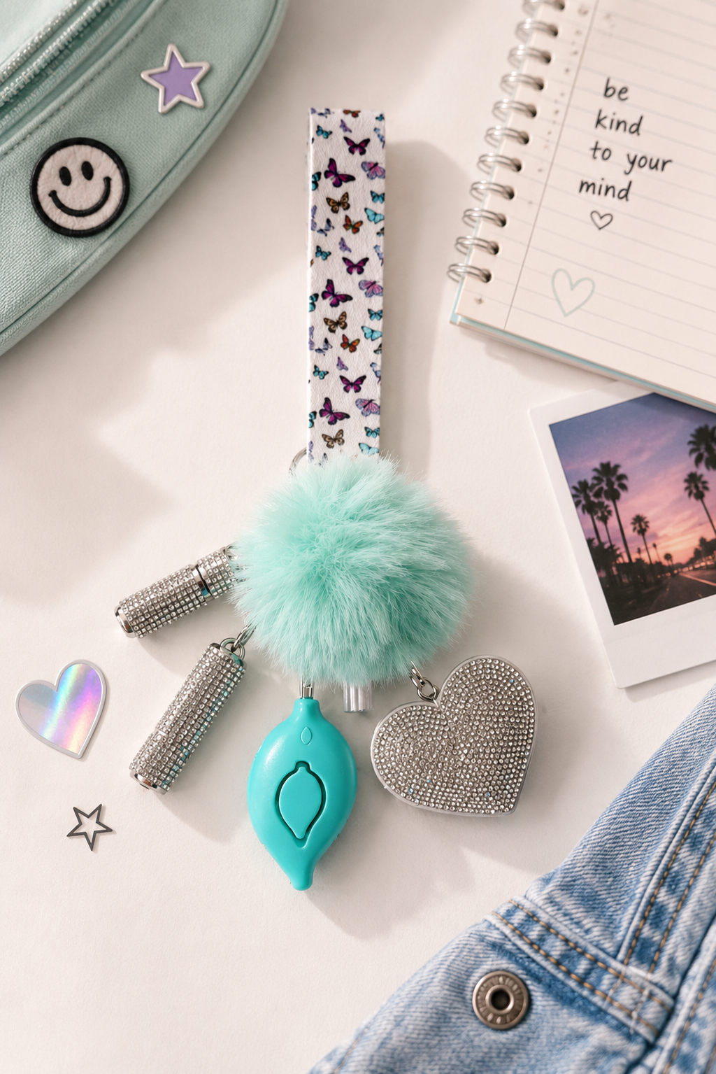 Confidence Club Safety Kit with turquoise personal safety alarm, crystal heart charm, fluffy pom-pom, and butterfly keychain strap