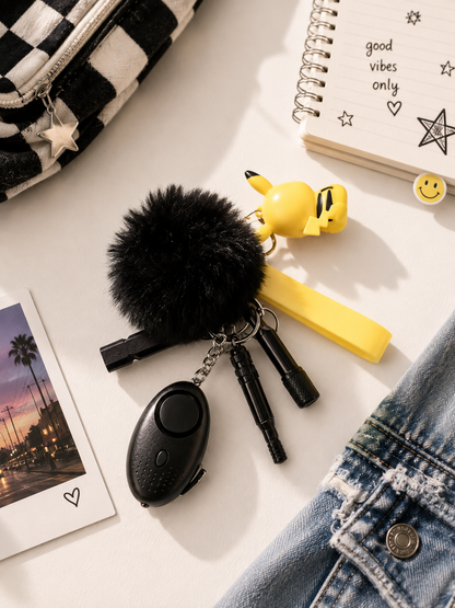 Confidence Club Safety Kit in yellow theme featuring a personal safety alarm, LED light, pom-pom wristlet, contactless tool, and keychain accessories