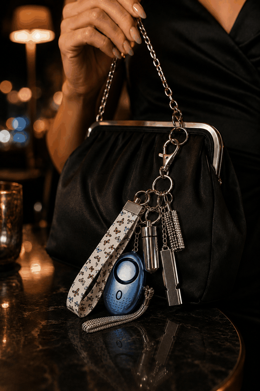 Safe and sassy get ready essentials set with scrunchie, alarm, straw, and keyring