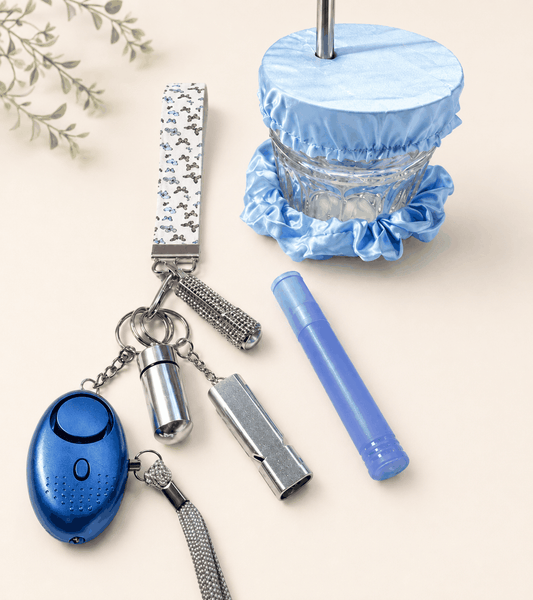 Get Ready Essentials Set by Safe & Sassy with satin scrunchie, personal alarm, reusable straw, and keyring