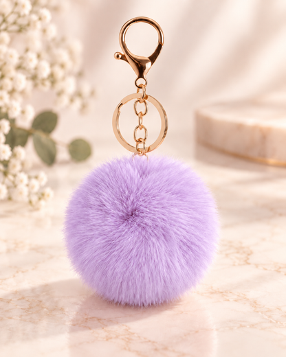 Colorful fluffy pom pom keychain with gold clasp