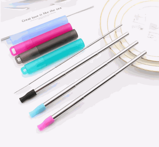 Reusable Telescopic Travel Straw Set with stainless steel extendable straws, colorful silicone tips, cleaning brushes, and matching capsule cases