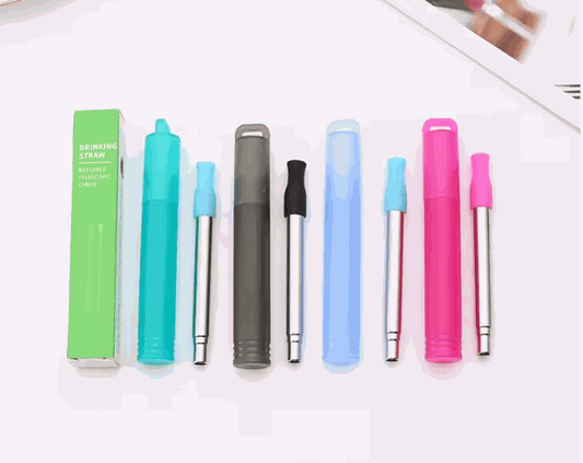 Reusable Telescopic Travel Straw Set with stainless steel straws, silicone tips, cleaning brushes, and colorful plastic cases in teal, grey, blue, and pink.
