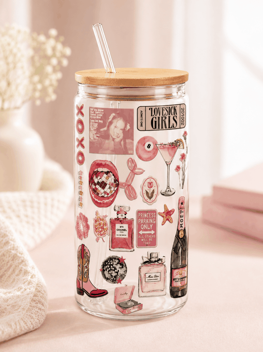 Safe & Sassy single-wall glass tumbler with custom wrap design